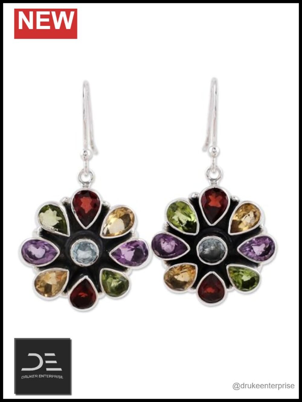 Handmade Multigem Drop Earrings Sterling Silver Floral Bollywood Peridot Garnet